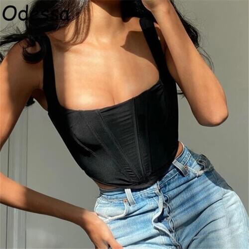 Spring Summer Black Off Shoulder Corset Crop Tops Women Square Collar Party Sexy Tank Tops Ladies Backless Casual Bustier 2021