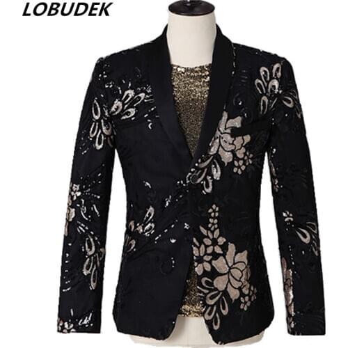 Jacket+Pants) Men Singer Evening Host Performance Suits Golden Black Sequins Embroidery Blazer Trousers Set Stage Costume Suit