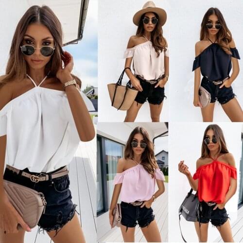 Leosoxs 2021 Summer New Fashion Sexy Halter Strapless Womens Shirts Casual Loose Solid Short Sleeve Lady Shirts Tops Plus Size