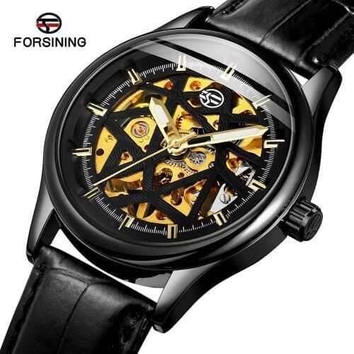 Forsining Mens Classical Color Bars Index Dial Analog Hand Winding Mechanical Skeleton Watches Genuine Leather Strap FSG8178M3