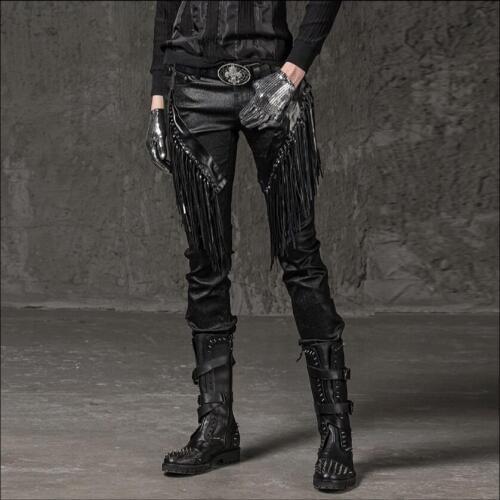Singer Nightclub Mens Glossy Pants Slim Punk Fringe Feet Punk Leather Stretch Pants Personality Tassel Trousers Hairstylist
