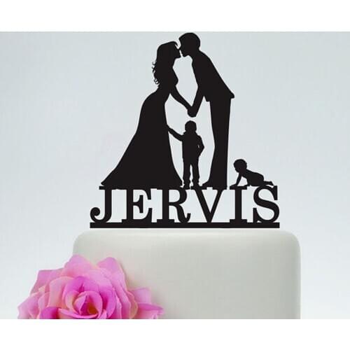 Personalized Decoration Wedding Cake Topper,Bride and Groom and Child Cake Topper,Customized Acrylic silver wooden Cake Topper