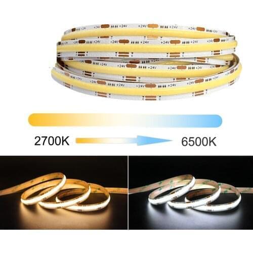 50m COB CCT LED Strip 2700k-6500k Dimmable LED Flexible Tape 576 leds/m High Density 10mm Led Light RA90 Linear Strip DC24V