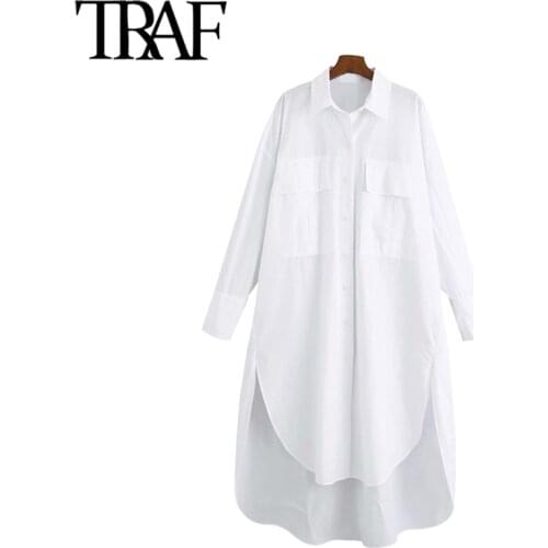 TRAF Women Fashion With Pockets Oversized Irregular Blouses Vintage Long Sleeve Side Vents Female Shirts Chic Tops