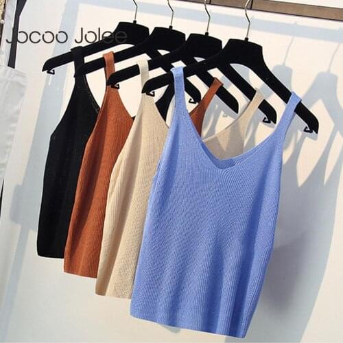 Jocoo Jolee Knitted Solid Sleeveless Tank Tops V-Neck Women Summer Camisole Vest Casual Basic Loose Ladies Sexy Strappy Tee