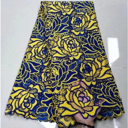 Yellow With Blue fashion African Cord Guipure Lace Fabric 2020 High Quality Cord Lace French Water Soluble Lace For Party Dress