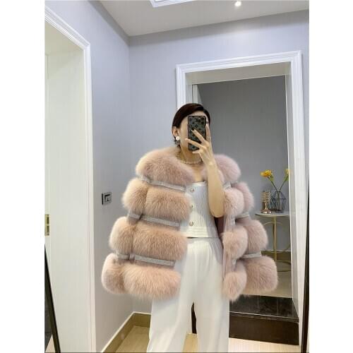 2020 New Fashion Real Fur Coat Winter Jacket Women Natural Fox Fur Diamonds Thick Warm Outerwear Streetwear Luxury Brand