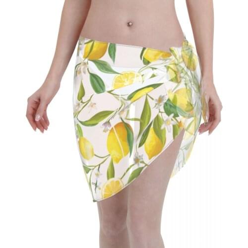 Womens Swim Wear Bikini Cover Up Fruits Lemon Floral Pattern Beach Mini Wrap Skirt Sarong Pareo Shorts Summer Beachwear