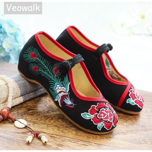 Veowalk Fashion Handmade Vintage Women Ballet Flats Old Beijing Chinese Traditional Embroidered Cloth Single Shoes For Woman