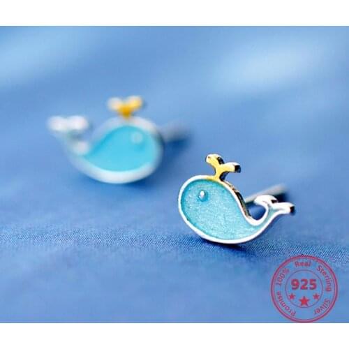 Pure 925 Silver Fashion Cute Sweet Blue Fish Stud Earrings for Women