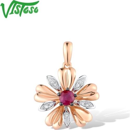 VISTOSO Gold Pendant For Women Genuine 14K 585 Rose Gold Ruby Sparkling Diamond Flower Engagement Anniversary Gift Fine Jewelry