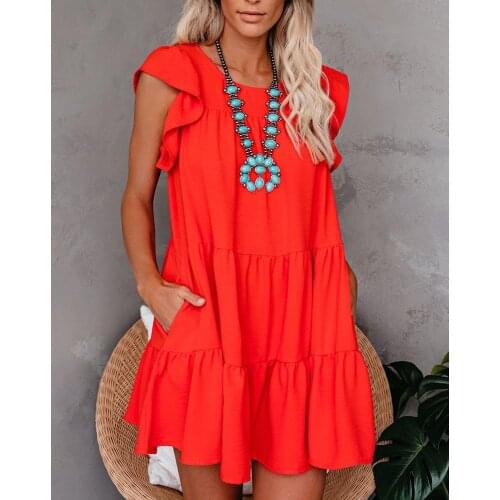 Women Summer Ruffles Casual Solid Boho Mini Dress Loose Round Neck Pockets Design Ruffle Sleeve Mini Tunic Dress