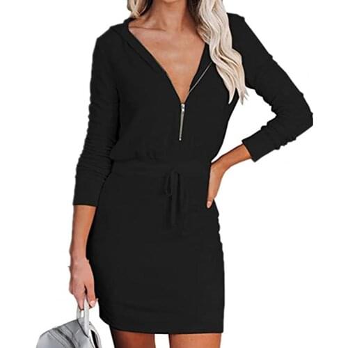 Women Dress Mini Solid Color Breathable Long Sleeve V Neck Zipper with Belt Autumn Hooded Lady Dresses