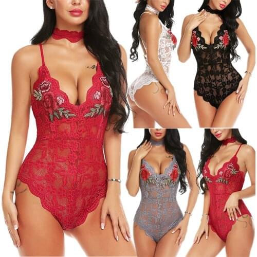 Women Sexy Solid Lace Embroidery Skinny Lady Lingerie Lace Dress Bodysuits Underwear Nightwear Sleepwear Bodysuit Summer Beach