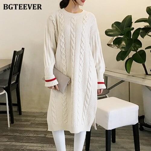 BGTEEVER Vintage Loose Twisted Knitted Dress Women Autumn Winter Warm O-neck Sweater Dress Female Casual Split Knitted Vestidos