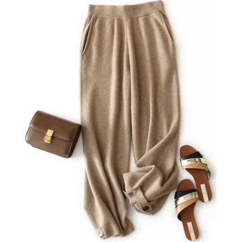 2022 new winter fashion 100% cashmere pants womens casual home wide leg knitted loose trousers with pocket