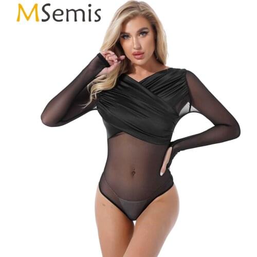 Women Lingerie Sexy Sheer Mesh Patchwork Bodysuit Long Sleeve Wrapped V Neck Slim Fit Leotard Bodysuits for Clubwear Party