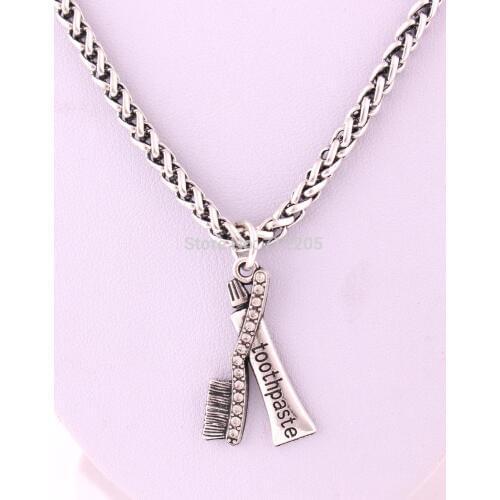 10pcs Zinc studded with sparkling crystals Toothbrush and Toothpaste Pendant wheat link chain lobster clasp necklace