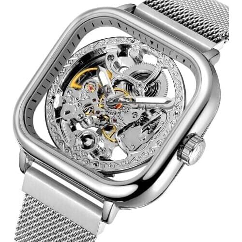 Forsining Watches For Mens Automatic Mechanical Fashion Dress Square Skeleton Wrist Watch Slim Mesh Steel Band Analog Clock