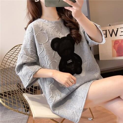 Cotton mid-length loose short-sleeved spring and summer new t-shirt college style patch art bear T-shirt