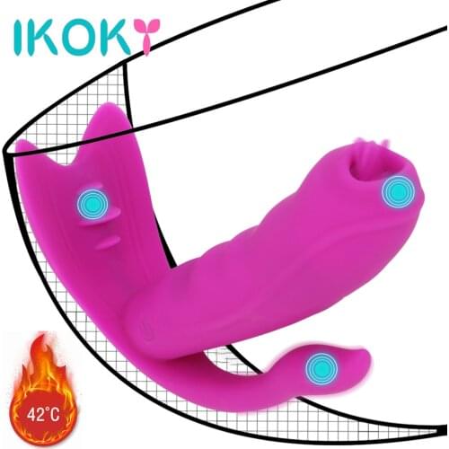 IKOKY Anal Vagina Stimulator Wearable Dildo Vibrator Clitoris G-Spot Massage Licking Vibrator 3 In 1 Heating Sex Toys for Women