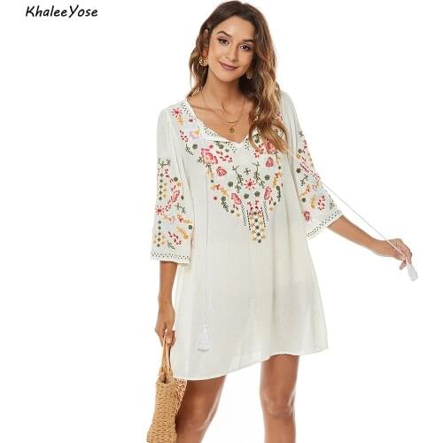 Khalee Yose Floral Embroidery Mini Dress White Women Summer Holiday Dresses Cotton Casual Chic Tassels Boho Ladies Female Dress