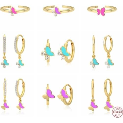 Aide 925 Sterling Silver Colored Enamel Butterfly Pendant Dangle Earrings Zircon Crystal Pave Hoop Earrings Adjustable Rings Set
