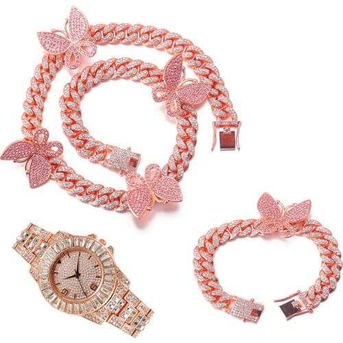 12MM 3pcs Kit Iced Out Hip Hop Full Paved Rhinestones Miami CZ Butterfly Cuban Necklace+Watch+Bracelet For Women Man Jewelry