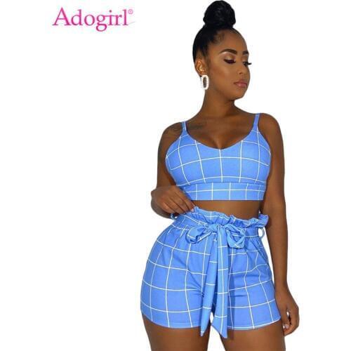 Adogirl 2020 Summer Fashion Plaid Suit Women Casual Two Piece Set Spaghetti Straps Crop Top Ruffle Waist Shorts Fashion Apparel