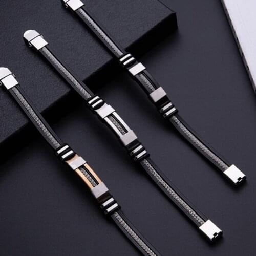 Hot Stainless Steel Bracelet Men Wrist Band Black Grooved Rudder Silicone Mesh Link Insert Punk Wristband Casual Male Jewelry