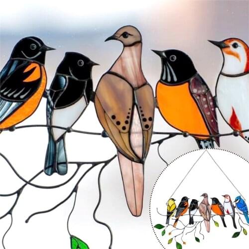 Multicolor Stained Birds on Wire Acrylic Suncatcher Window Panel Hanging Pendant Ornaments for Wall Home Decorations