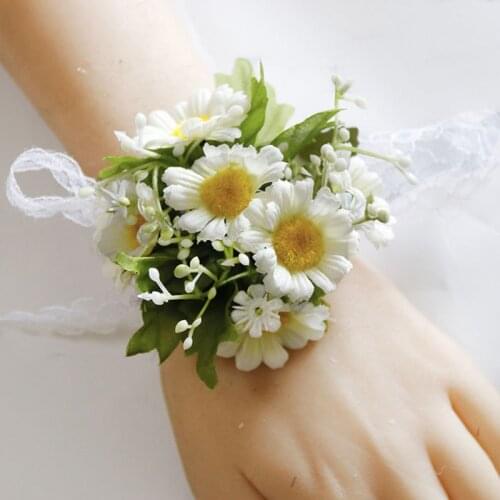 Fashion Lace Ribbon Daisy Wrist Flower Corsage Men Women Hand Flowers Groom Boutonniere Wedding Accessories Decor