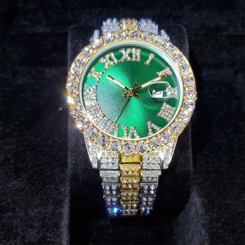 Hip Hop MISSFOX Men Iced Out Watches Luxury Modern European Quartz Wristwatches Green Dropshipping Diamond Cool Male Wrist Watch