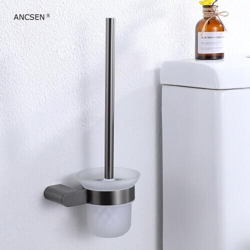 Stainless Steel Toilet Brush Holder Gun Grey Wall Mounted Toilet Bowl Brush Holder with Frosted Glass for Bathroom Cleaning Kit