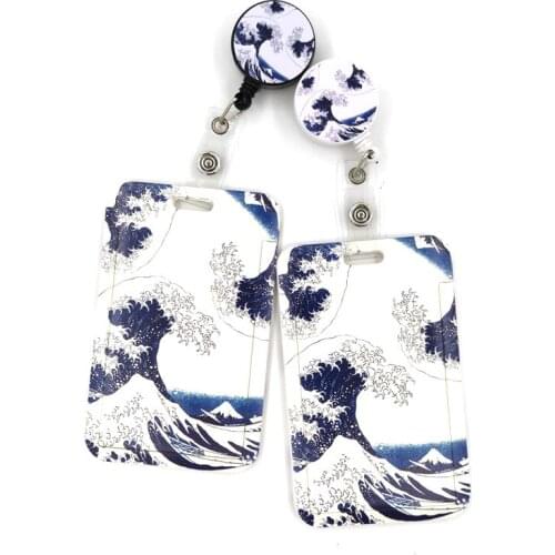 Kanagawa Hokusai Waves Cartoon Cute Credit Card Holder Lanyard Women Men Kid Student Retractable Badge Reel ID Name Bus Clips