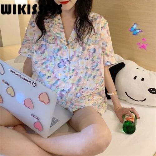 WIKISSPJS Pajamas Womens New Summer Ice Silk Suit In 2021 Pajamas for Teen Girls Cute Pijamas Women Womens Two Piece Sets
