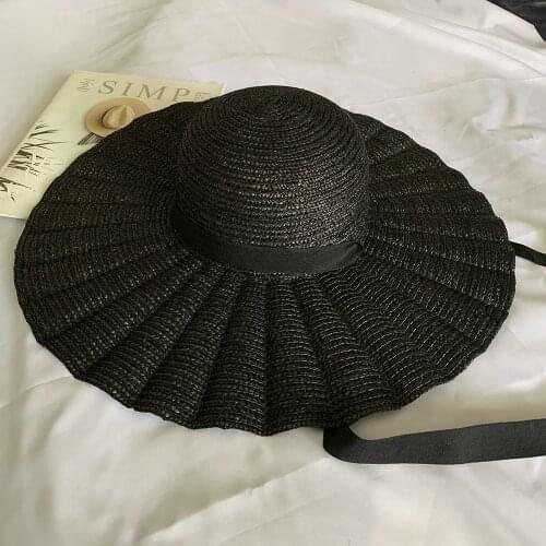 Elegant Black Natural Straw Hat Women with Lace Up Wide Brim Lotus Leaf Straw Hats Ribbon Girl Summer UV Sun Hat Beach Hat