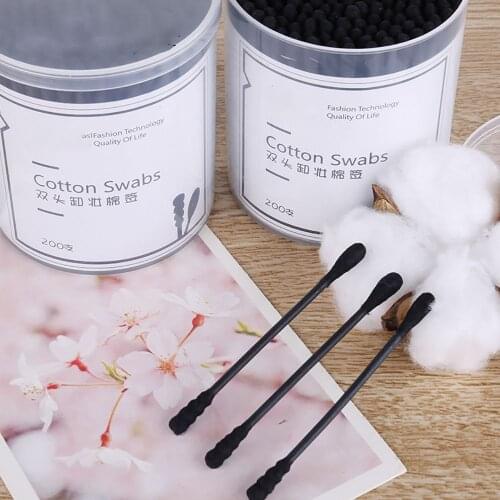 200pcs Disposable Cotton Swab Spiral Ear Cleaner Black Double Heads Medical Swab Lipstick Eyebrow Eyelash Cotton Bud Makeup Tool