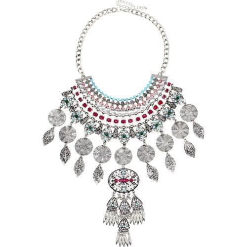 UKEN Vintage Metal Leaf Pendant Women Rhinestones Choker Statement Necklace Dress Accessories Hand Made Bohemian Jewelry N3627