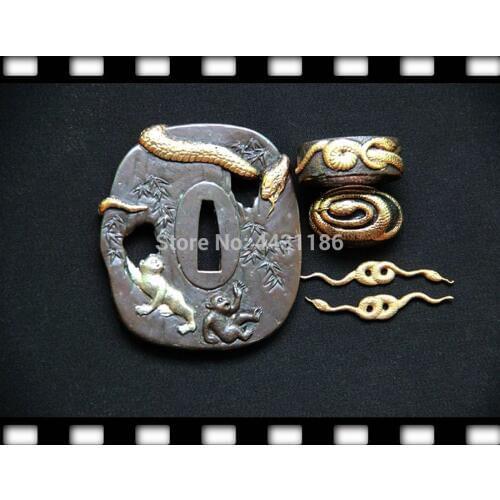 Tiger Design Copper Guard Tsuba Fuchi Kashira Japanese Wakizashi Samurai Sword Katana Knife DIY Fitting