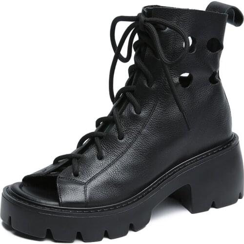 EGTPINAOP Womens Sandals Boots Genuine Cow Leather Martin Boots Fish Mouth High Heels Cross-Tied British Style Platform Sandals