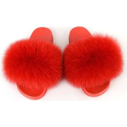 Ladies Indoor Cute PVC Plush Slippers Womens Fox Fur Slides Female House Fluffy Flat Shoes Luxury Fashion Party Furry Sandals