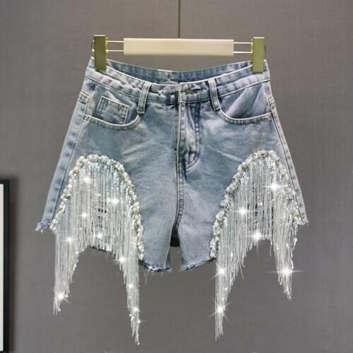 2020 Summer New Loose Slimming Heavy Industry Beaded Sequin Tassel Denim Shorts Womens Wide Leg Hot short Harajuku Women Shorts