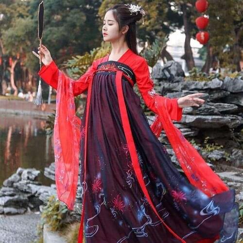 Female Hanfu Costumes Chinese Style Daily Autumn Dress Traditional Embroidery 6 Meters Big Swing Dress Red Black Hanfu