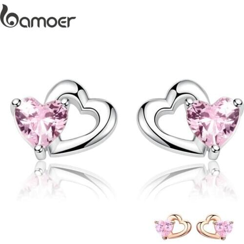 BAMOER 925 Sterling Silver Double Heart to Heart Pink CZ Stud Earrings for Women Brincos Fine Jewelry Bijoux SCE090