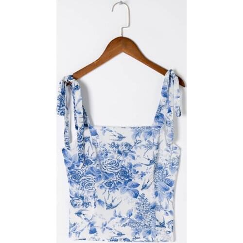 Vintage Floral Print Chiffon Tops For Women Summer Sleeveless Tie Strap Sexy Crop Top Side Zipper Back Shirred Casual Cami Top