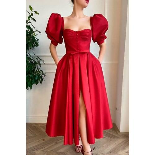 2021 Elegant Simple Red Prom Dress Pleat With Puff Sleeves Front Slit Tea-Length Party Dresses Backless Vestidos De Formatura