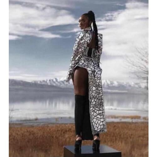 Shining Silver Sequins Nightclub Party Dress Women Sexy Shoulder Pads High Slit Prom Long Dress Jazz Singer Dancer Stage Costume