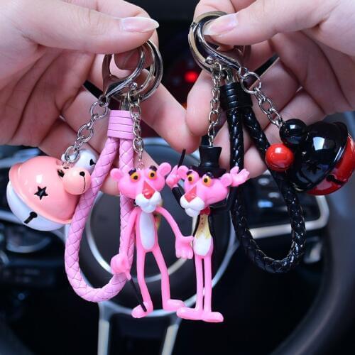 Pink Panther Cartoon Fluffy Rabbit Fur Pom Pom Cute Leopard Keychain Doll Bell Key Ring Women Car Purse Key Chains Trinkets D174