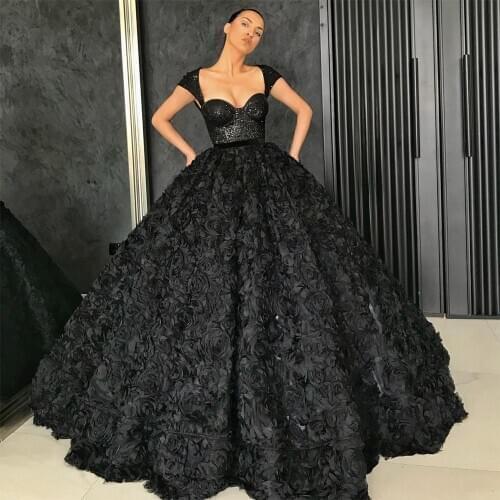 Black Ball Gown Prom Dresses 2021 3D Rose Flowers Sequins Lace Top Dubai Party Gowns Black Girl Quinceanera Dress